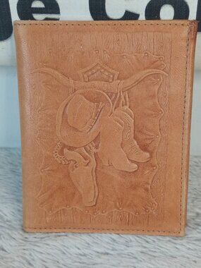 VTG Western Cowboy Longhorn Hand Tooled Bifold Lambskin Leather Wallet 5 x 4”